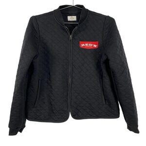 Marine Layer Jacket Womens Large Black Diamond Quilted Bomber Zip RED'S Patch